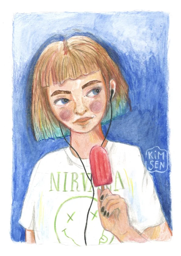Einzelwerk: Mädchen im Nirvana-Shirt mit Kopfhörern und Eis am Stiel.
