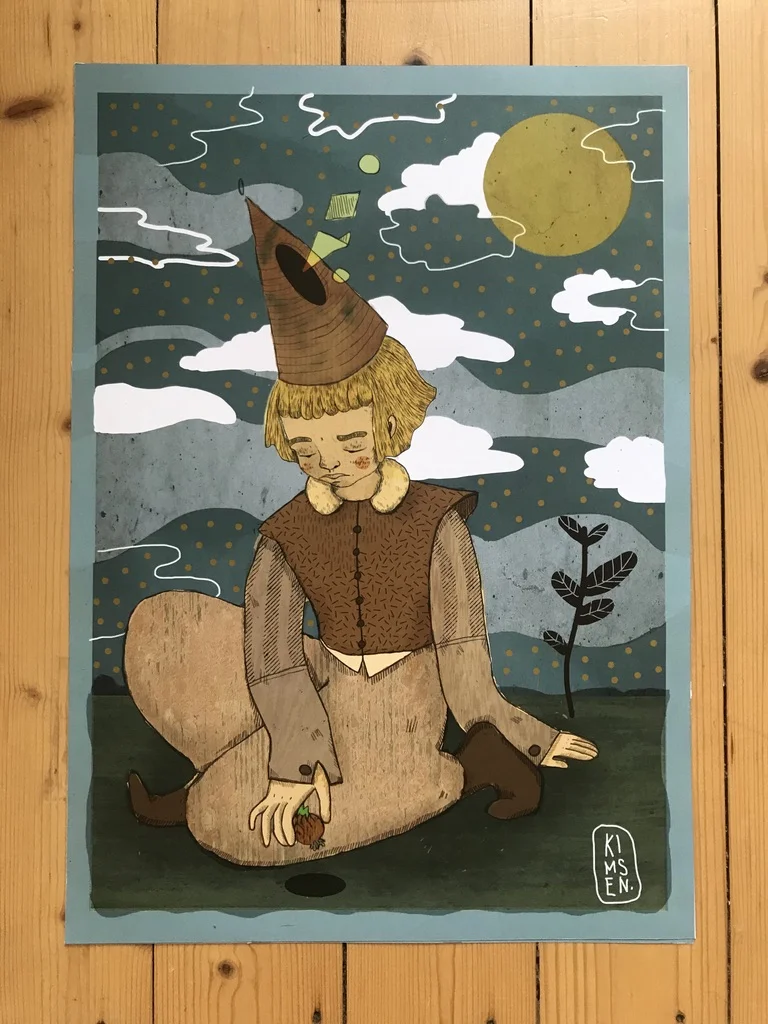 Tom Thumb art print: a boy planting a flower bulb under the moon
